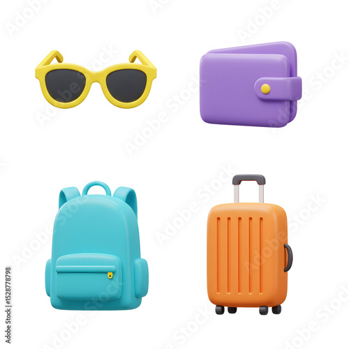 Travel Essentials Yellow Sunglasses Lilac Wallet Blue Backpack and Orange Suitcase