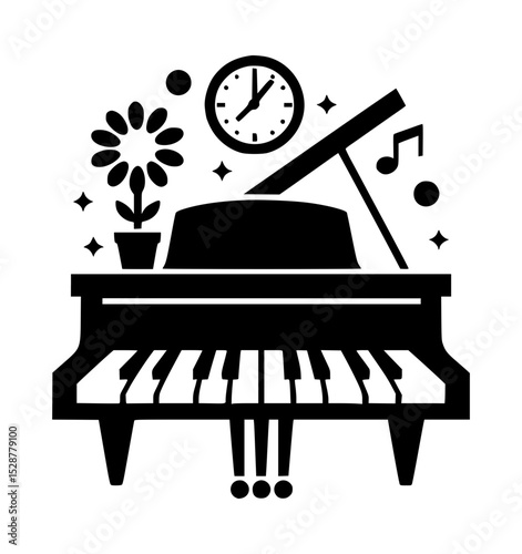 Grand piano music icon with clock and flower