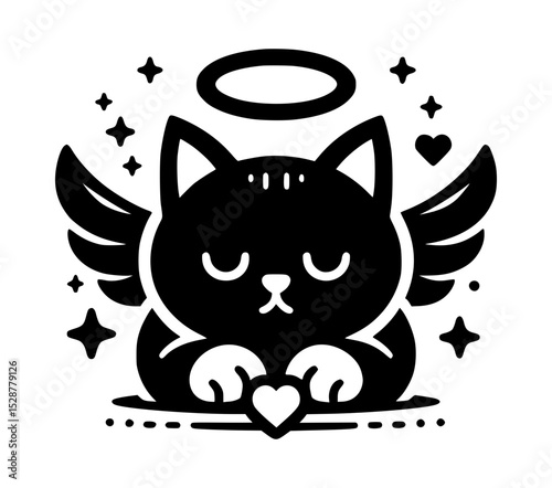 Cute black angel cat with wings and halo