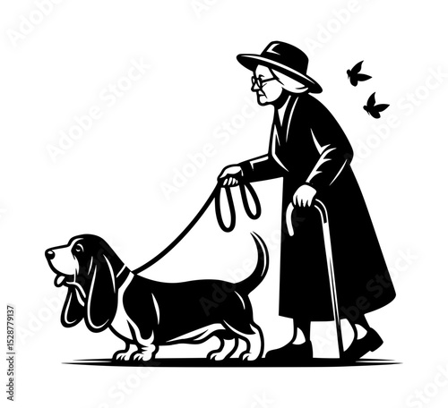 Elderly woman walking basset hound dog
