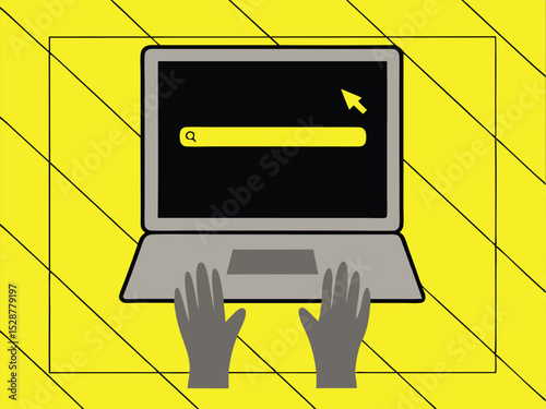 Illustration of laptop with search bar and hands on a yellow background depicting online searching and technology concepts