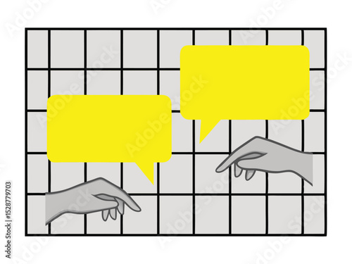 Communication concept depicted with two hands interacting with yellow speech bubbles against a grid background