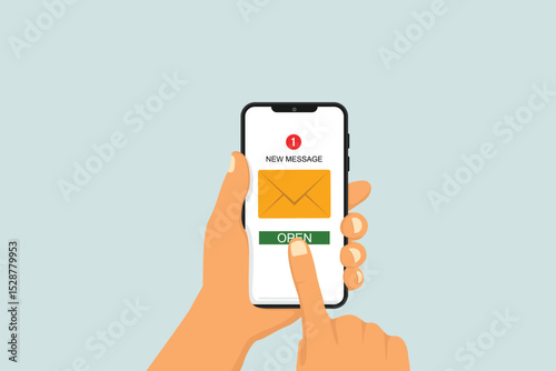 New message notification pop-up box with envelope on mobile screen. Pop-up email design for chatting, emailing and sending messages or opening messages.