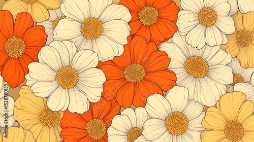 Wallpaper Mural Groovy 70s daisy pattern, large flat flowers in orange, mustard, and tan, repeated over a muted beige background, psychedelic vibe with a subtle wavy distortion. Created Using: digital art, Torontodigital.ca