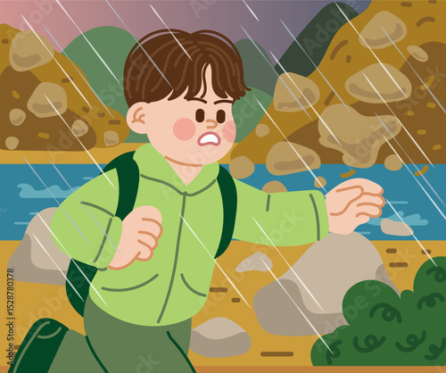 Boy who runs away from landslides in heavy rain