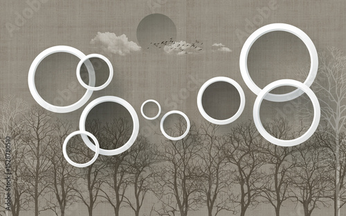 Fototapeta Naklejka Na Ścianę i Meble -  3d illustration wallpaper. black trees in brown landscape. Sun, Sky, clouds, birds and white circles. modern simple decorative background	
