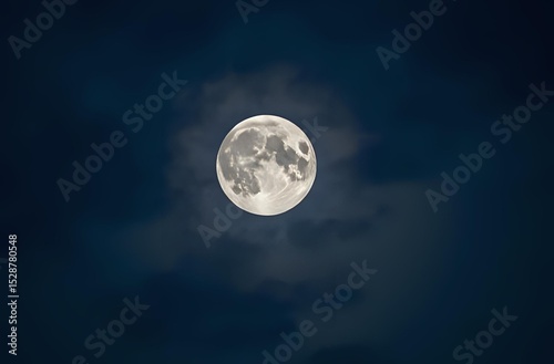 A stunning full moon shining brightly in the night sky over a peaceful mountain landscape