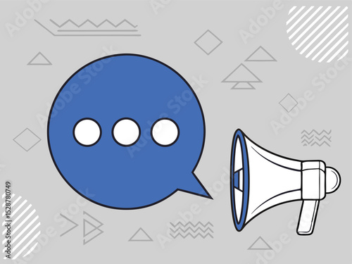 Digital marketing concept featuring speech bubble and megaphone representing communication and announcement on a modern geometric background.