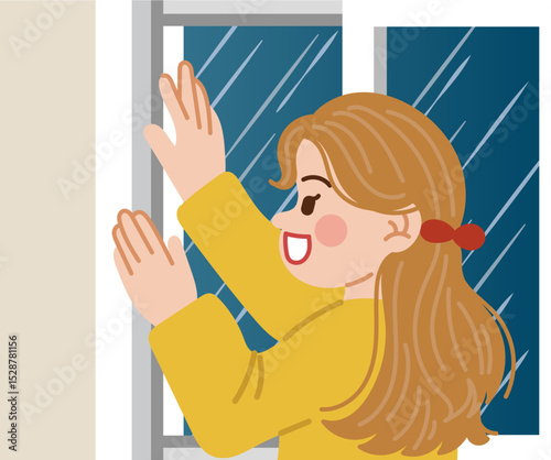 Woman checks windows and window frames in preparation for typhoons and heavy rains