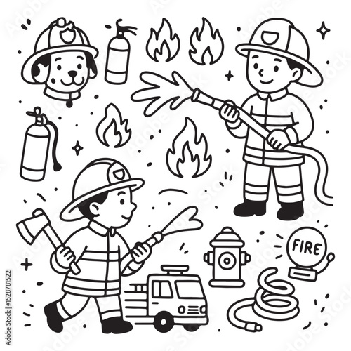 Firefighter Doodle Set - Emergency Rescue Vector Illustration