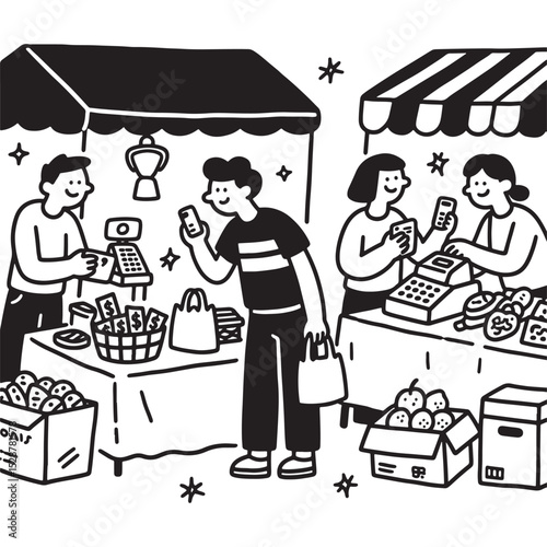 Market Stall Doodle - Local Shopping Vector Illustration