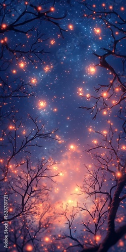 A magical night sky view through silhouetted tree branches, filled with countless sparkling orange fireflies, creating a dazzling and enchanted atmosphere reminiscent of a dream or fantasy world.