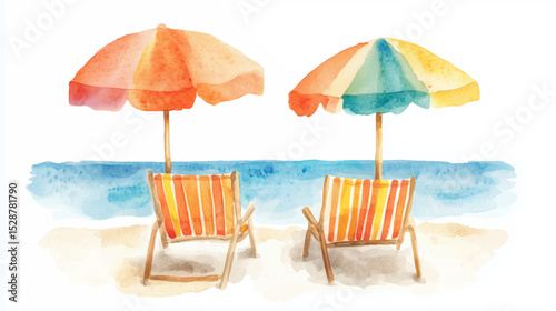 Vector illustration, Watercolor paint of two striped beach umbrella and chairs on the beach sand