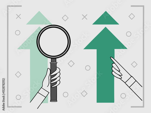 Conceptual illustration of business growth analysis and market research presented with an arrow and magnifying glass symbol representing progress and insight