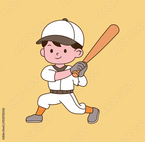 A child batter is preparing with a baseball bat. minimal line illustration.