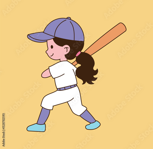 A child batter is preparing with a baseball bat. minimal line illustration.