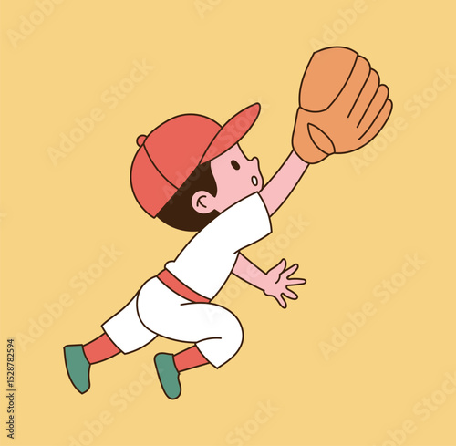 A child baseball player wears a glove and tries to catch the ball.