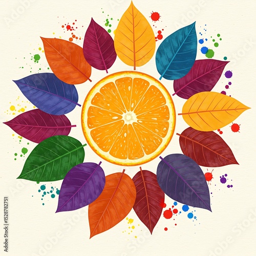 Vibrant Autumn Leaves Encircling a Juicy Orange Slice