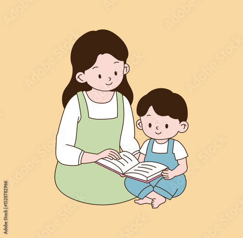A mother who reads a book with her child. minimal line illustration.