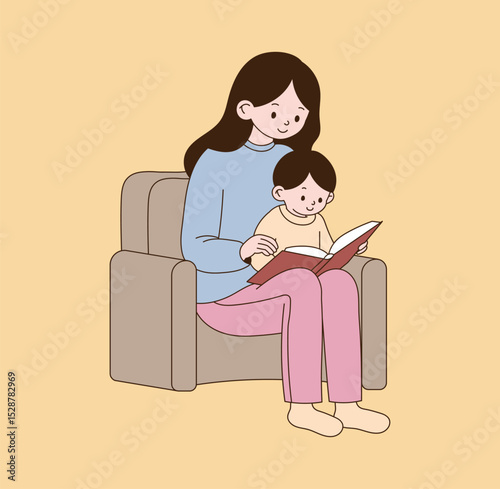 A mother who reads a book with her child. minimal line illustration.