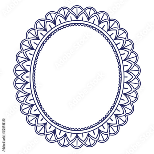 Elegant dark blue ornamental oval frame with intricate decorative border design isolated on white background