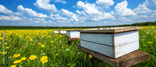 Vibrant Wildflower Field with Beehives Under Bright Blue Sky and Fluffy White Clouds