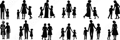 Diverse Family Silhouettes: Parents and Children Walking Together, Exploring Childhood, and Cherishing Generations in Elegant Black and White