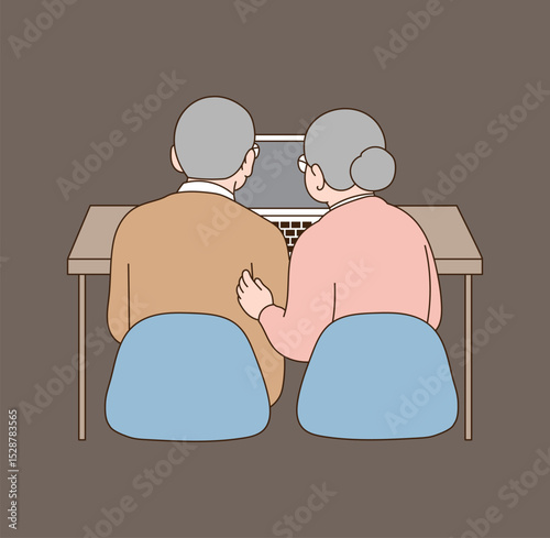 An old couple who use a laptop while looking at it together. minimal line illustration.