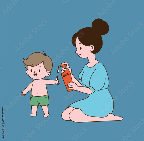 A mother who puts sunblock on her child. minimal line illustration.