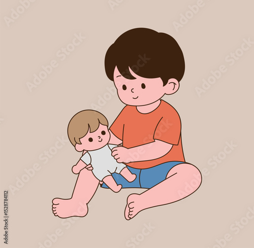 A child playing with toys, dolls. minimal line illustration.