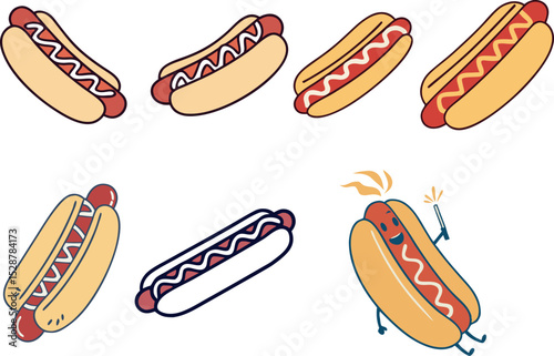 Colorful Cartoon Hot Dogs Variety Food Illustration