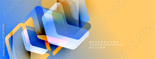Abstract geometric shapes overlap, creating dynamic visual effect. Blue, orange, yellow hues blend smoothly. Modern design element.