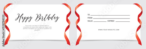 White birthday gift card with spiral red ribbons and Happy Birthday greeting
