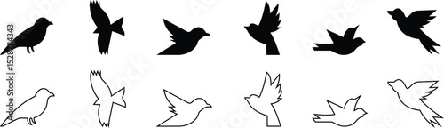 Birds icon set, Flying birds, animals, black silhouette, monochrome bird logo, abstract sticker on house wall or glass, Printable, protect birds from impact vector symbols, template designs art 