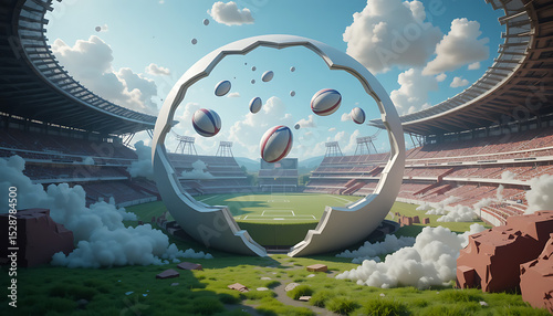 Futuristic 3D Rugby World in a Cracked Sphere