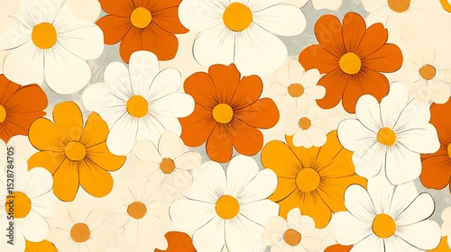 Seamless 70s flower pattern, repeating daisies in burnt orange, mustard, and beige, simple and clean design with a slight distressed finish for vintage charm. Created Using: pattern design,