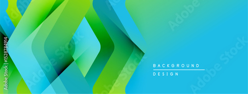 Abstract geometric layers create vibrant gradient effect. Blue, green hues dominate composition, suggesting modern design.