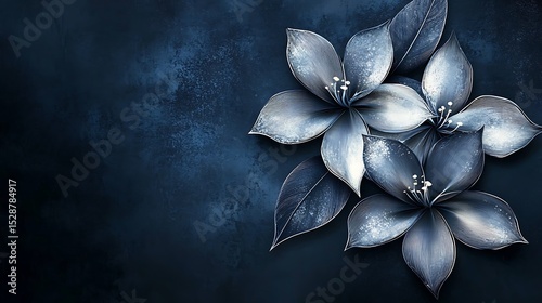 Silver Art Deco flowers intertwined with angular geometric patterns, set against a navy blue backdrop, delicate glow creating an elegant vintage vibe. Created Using: vector art, Art Deco movement,