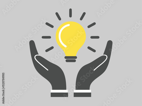 Vector illustration of hands protecting a bright yellow lightbulb symbolizing innovation creativity and ideas on a grey background