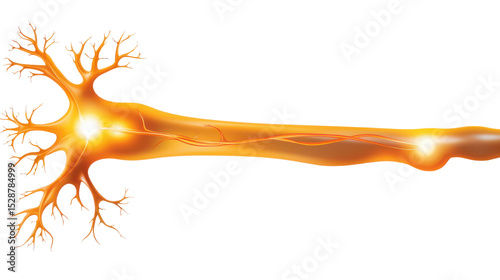 Illuminated Neuron with Branches and Synapse in Vibrant Orange and Yellow Colors on a Transparent Background