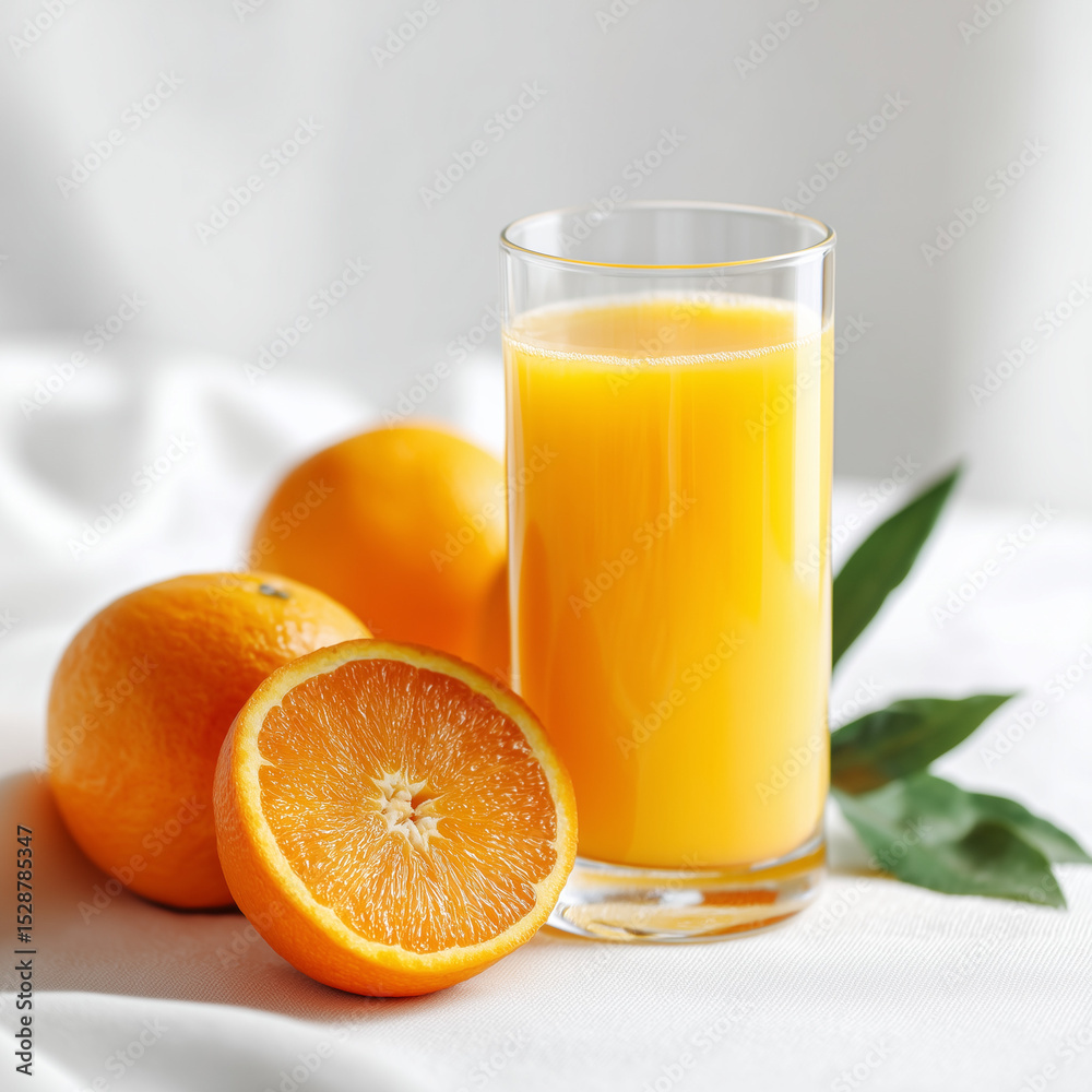 A glass of fresh orange juice with fresh orange fruit on the side, all placed on a white table with soft natural lighting , ai generated images. A glass of fresh orange juice with fresh orange fruit on the side, all placed on a white table with soft natural lighting , ai generated images.
