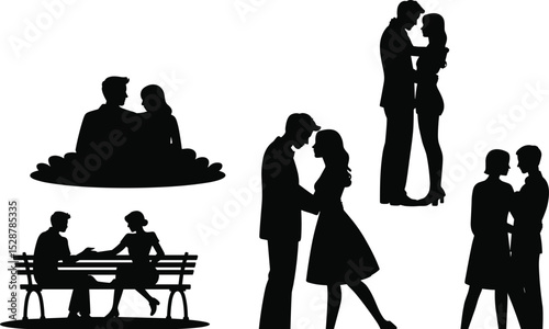 Silhouette of romantic couples talking, hugging, sitting on bench, showing affection, bonding, emotional connection, love, relationship, outdoor date moments.

 flat vector illustration