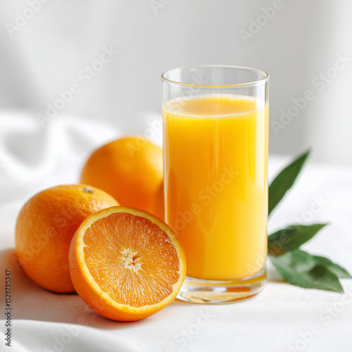 A glass of fresh orange juice with fresh orange fruit on the side, all placed on a white table with soft natural lighting , ai generated images.