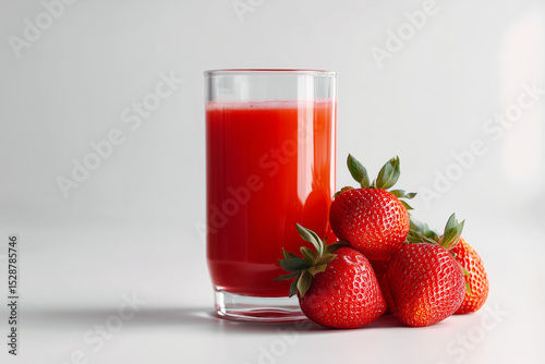 strawberry juice in a clear glass is placed on a white table, next to it are some bright red fresh strawberries, plain white background without any distractions, ai generated images.
