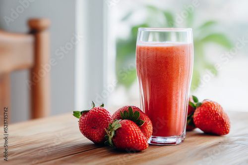 strawberry juice in a tall clear glass with a pink to reddish color, next to it are fresh strawberries complete with leaves, placed on a wooden table , ai generated images.