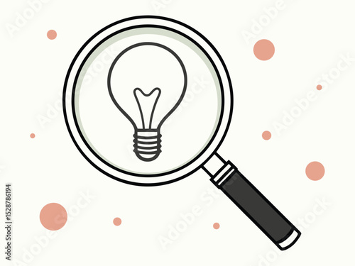 Idea exploration conceptual illustration with magnifying glass and lightbulb in a clean minimalist design symbolic of innovation and creativity