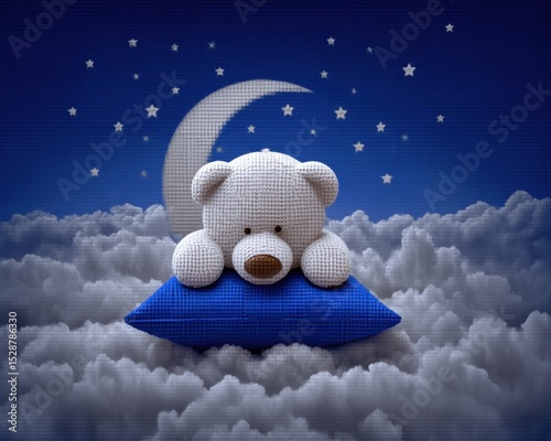 White bear resting on blue pillow in clouds