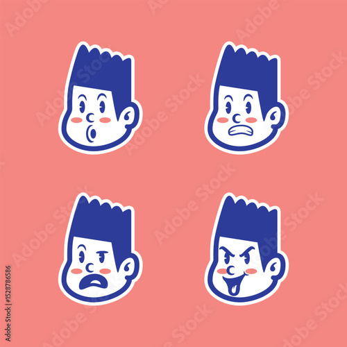 Vector set of cartoon boy faces with various negative emotions like anger, sadness, frustration, and pain. Bold blue-red design with thick outlines on pink background. Perfect for stickers or UI