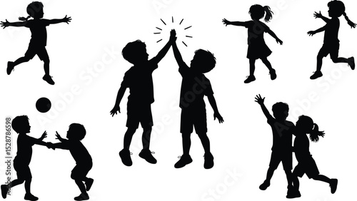 Silhouette of playful children jumping, playing ball, high-fiving, running, dancing, celebrating friendship, teamwork, active movement, outdoor fun, joyful moments.

 flat vector illustration