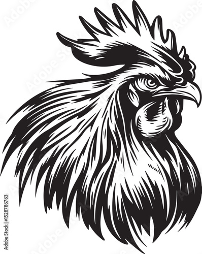Print Fierce Rooster Head Illustration - Black and White Vector Art 